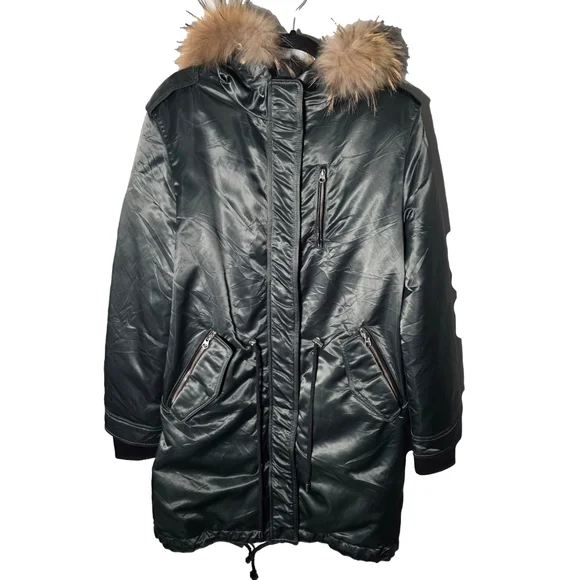 Mackage Small Down Parka Real Fur Trim Hood Long Puffer Coat Dark Green Womens S - Picture 3 of 16
